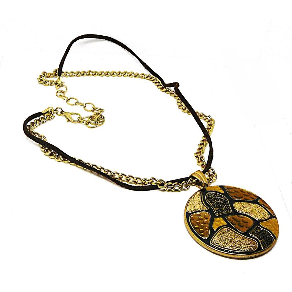 Ruby Rd Vintage Gold Bronze Black Tone Pendant Necklace w Brown Cord & Adj Chain